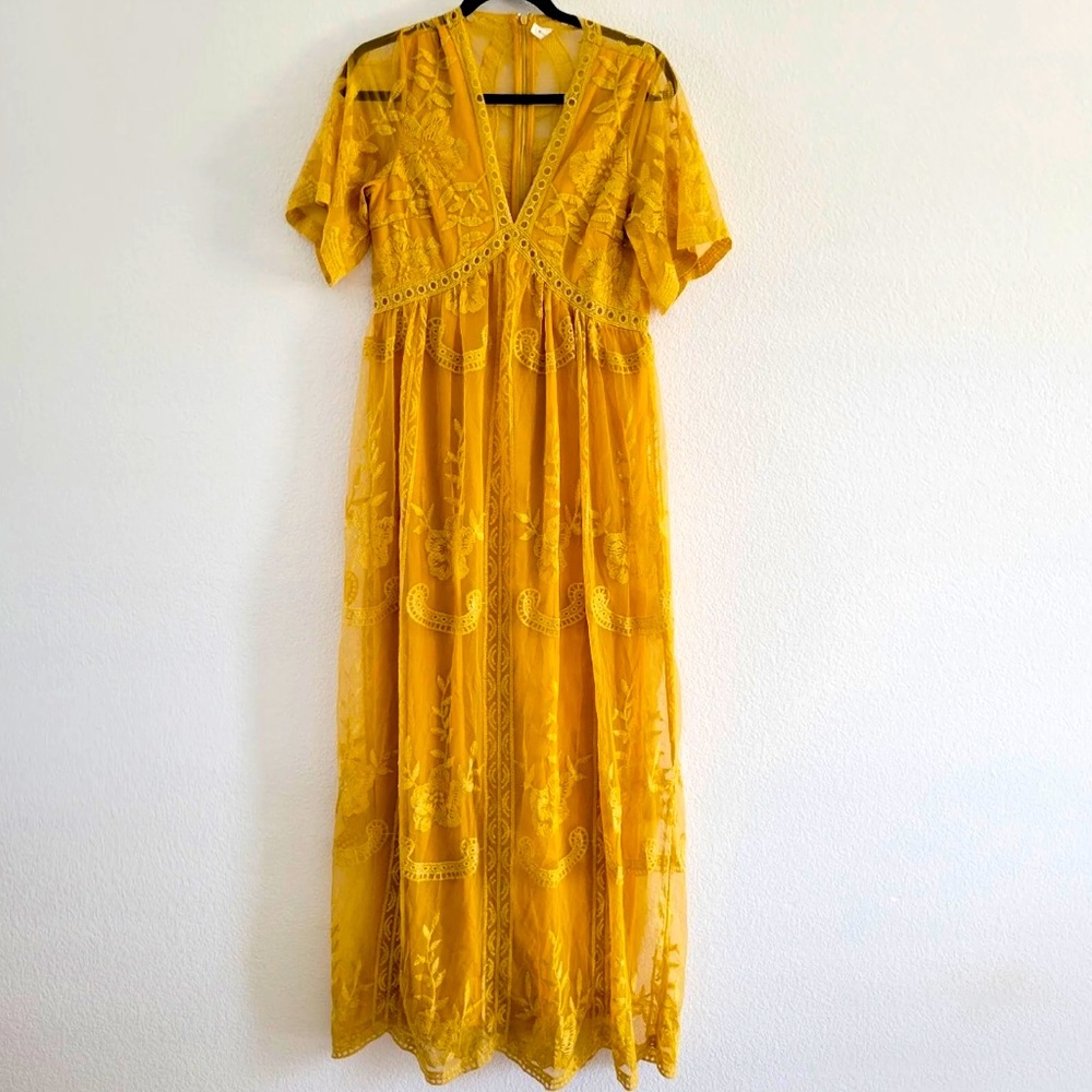 PinkBlush Mustard Yellow Lace Mesh Overlay Maternity Maxi Dress Size Medium